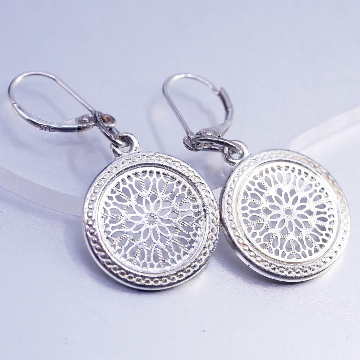 Vintage Sterling 925 silver handmade filigree circle earrings dangles