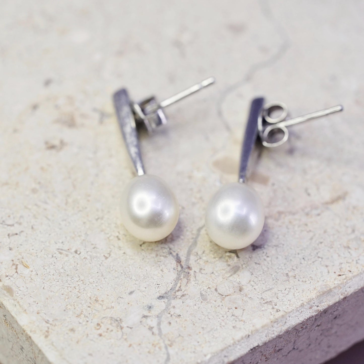 Vintage sterling silver handmade earrings, 925 studs with pearl