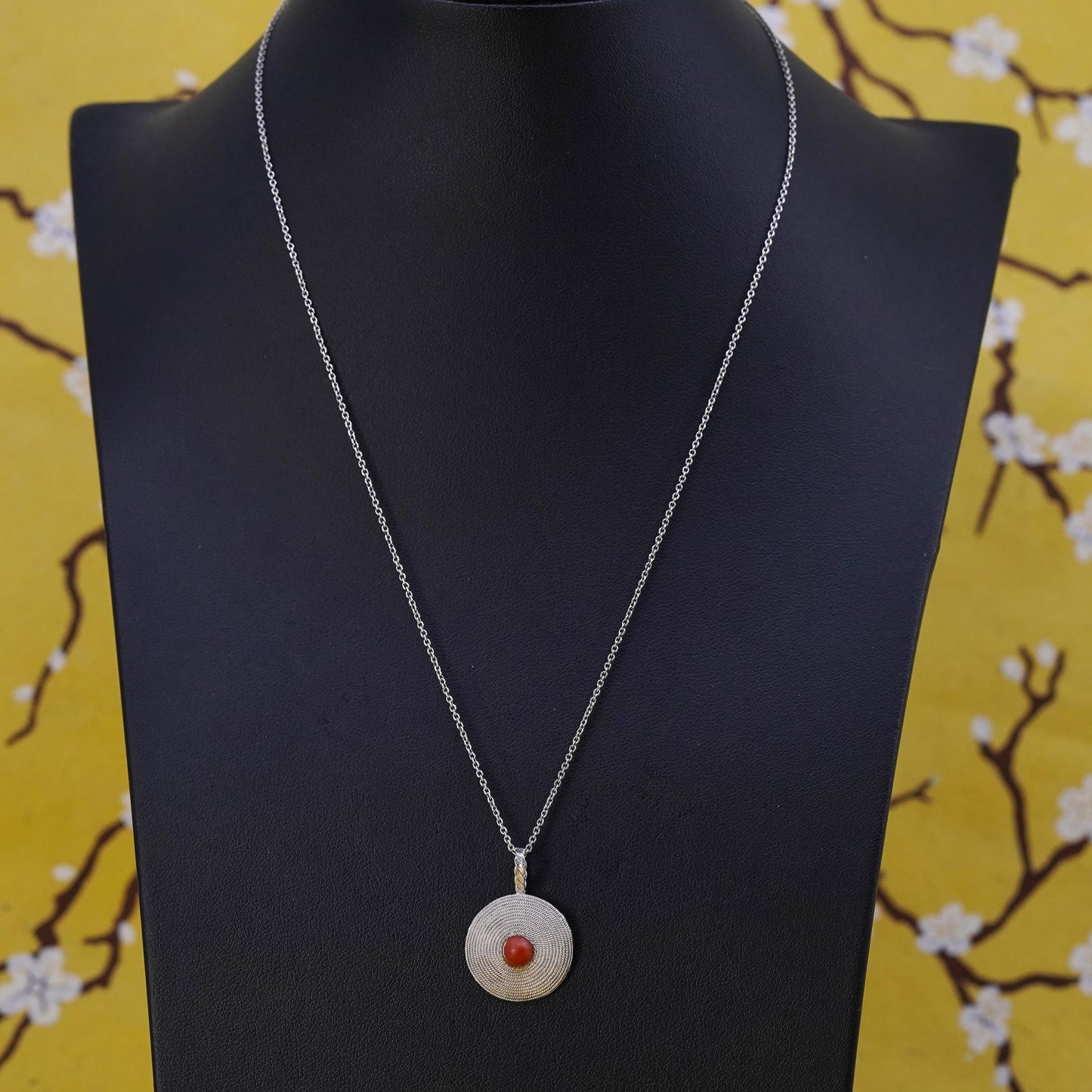 18", sterling silver necklace, 925 Circle chain with circle coral pendant