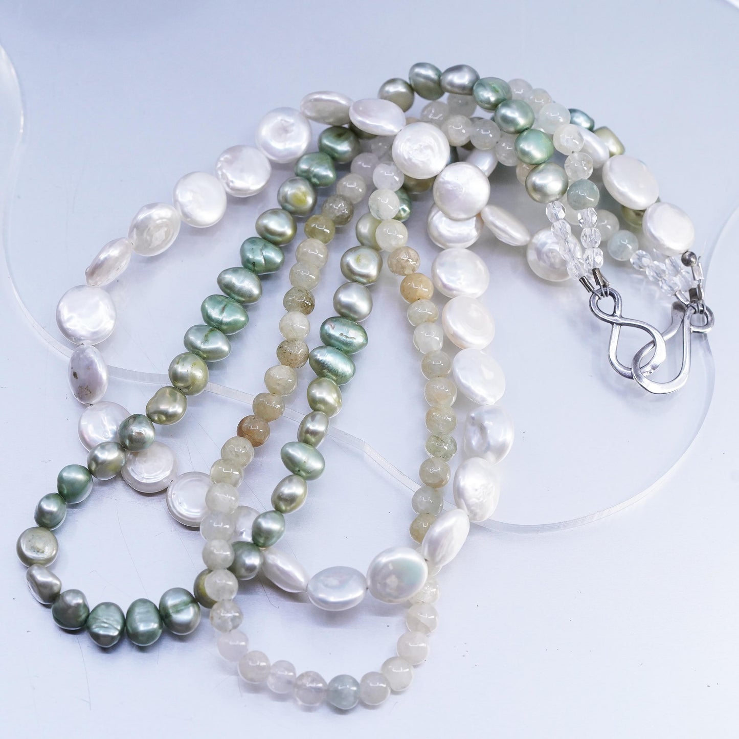 16", vintage multi strands coin pearl necklace with Sterling 925 silver clasp