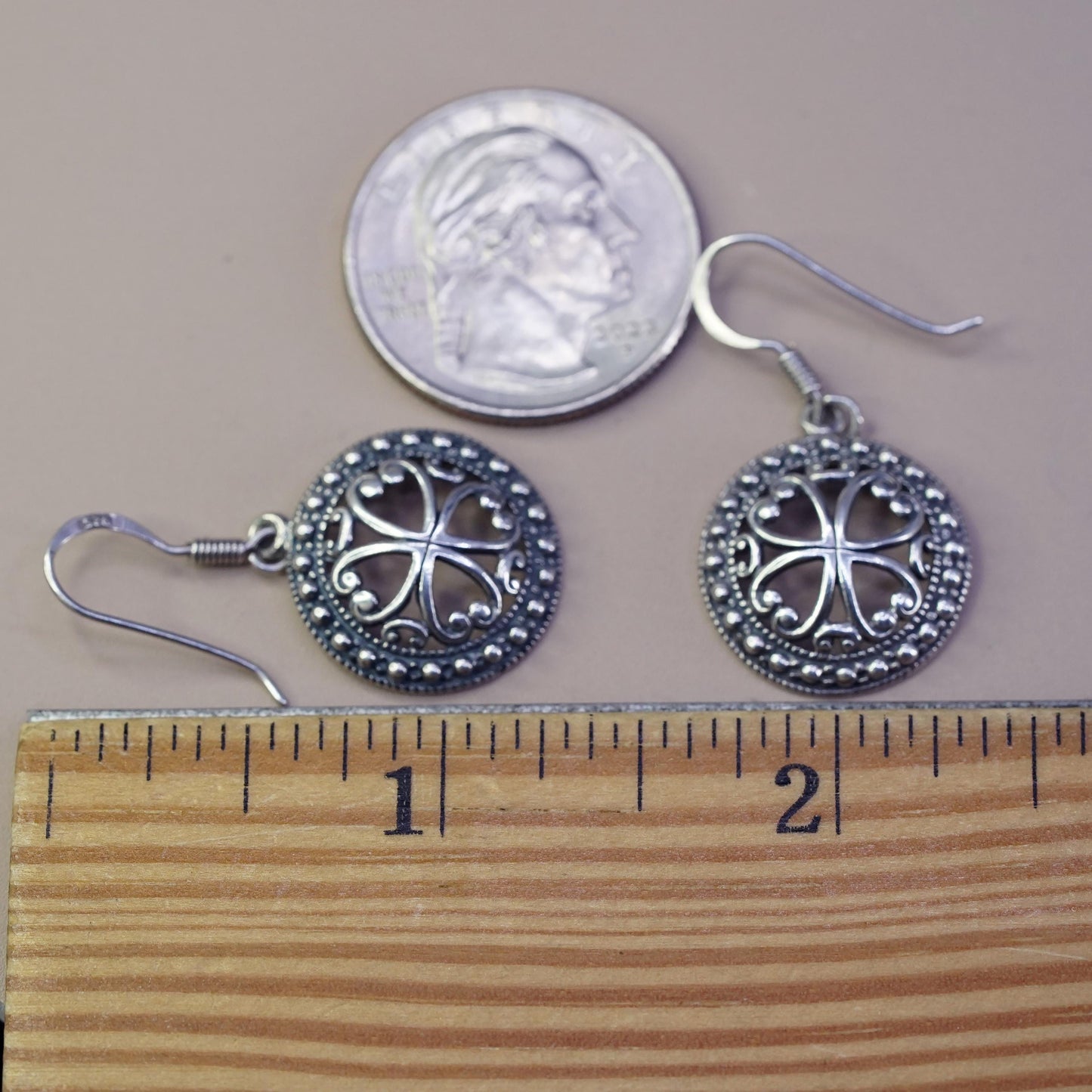Vintage Sterling silver handmade earrings, 925 filigree circle dangles