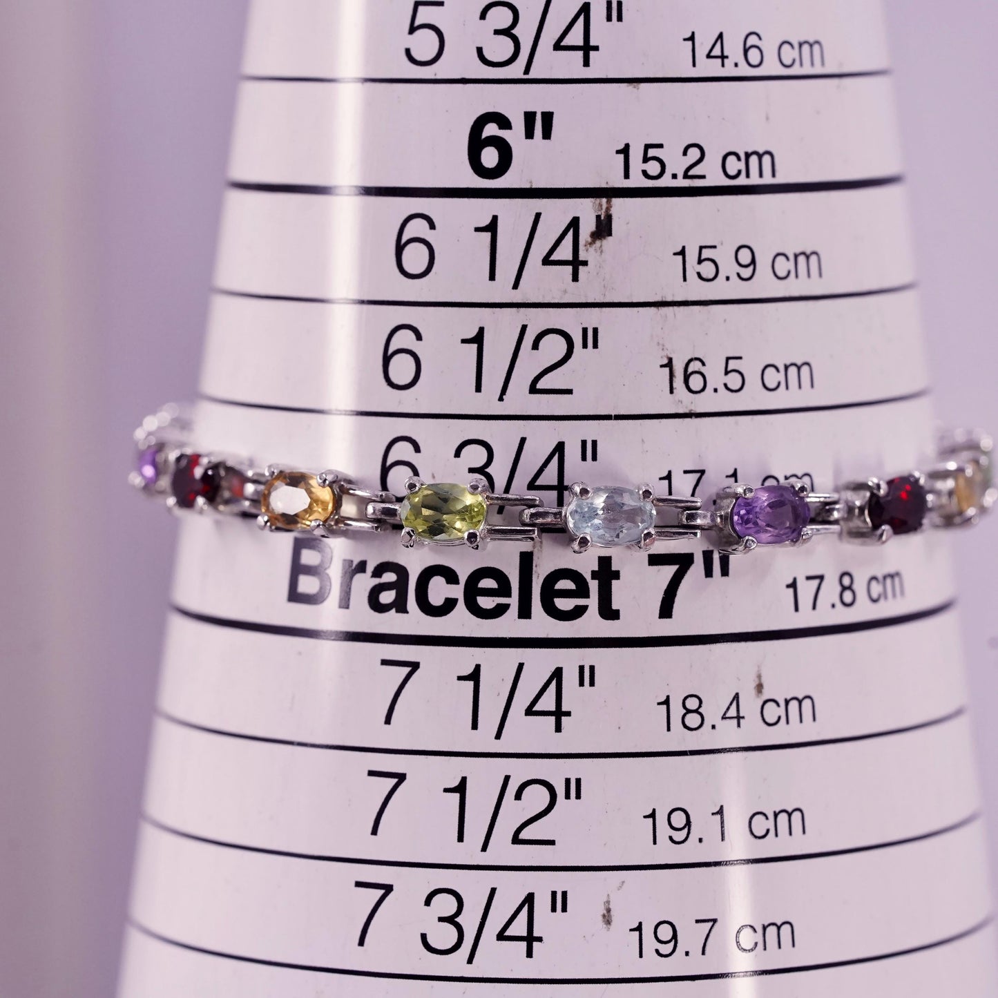 7”, sterling silver 925 tennis bracelet with multi color gemstones ruby peridot