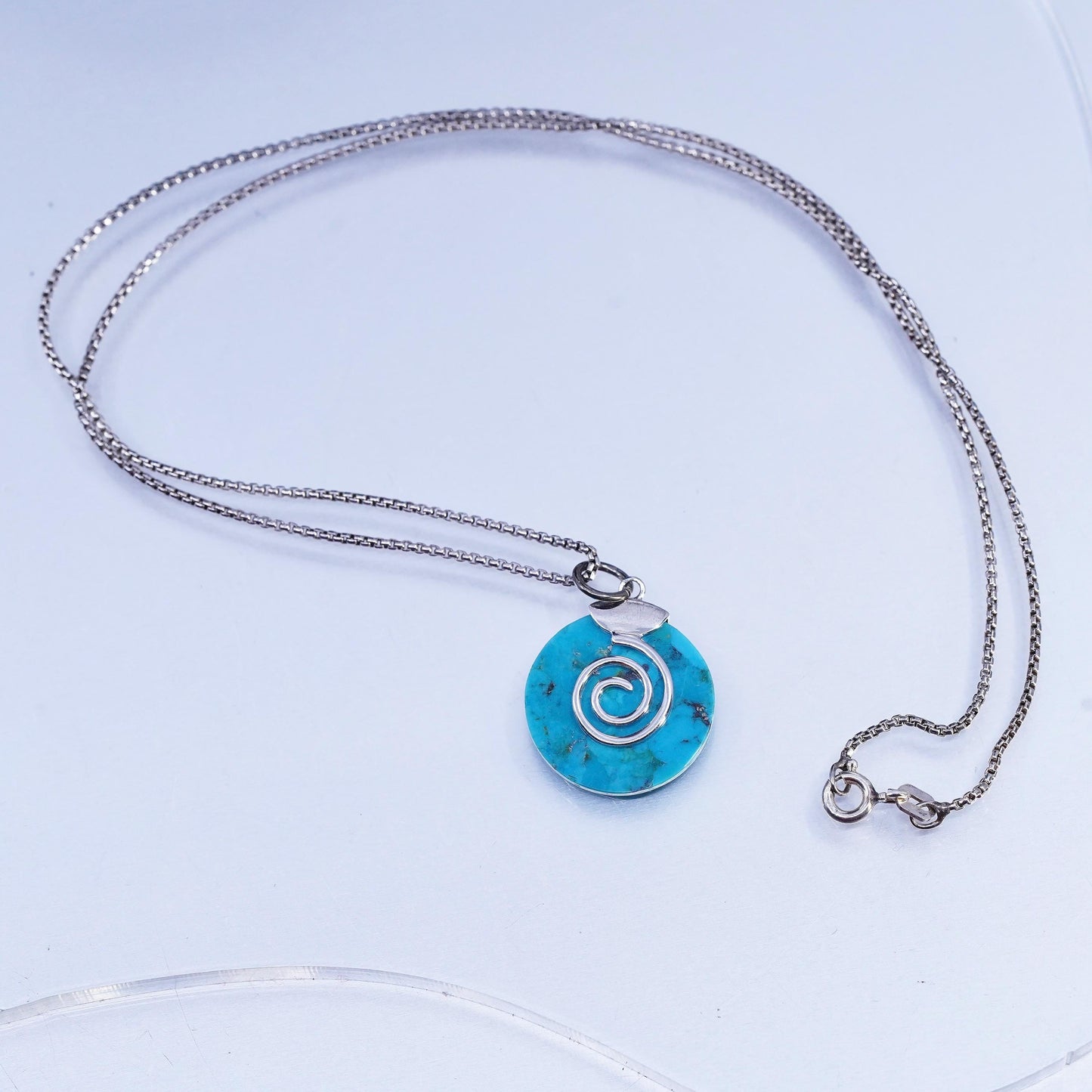 18", vintage Sterling 925 silver box necklace with turquoise circle pendant