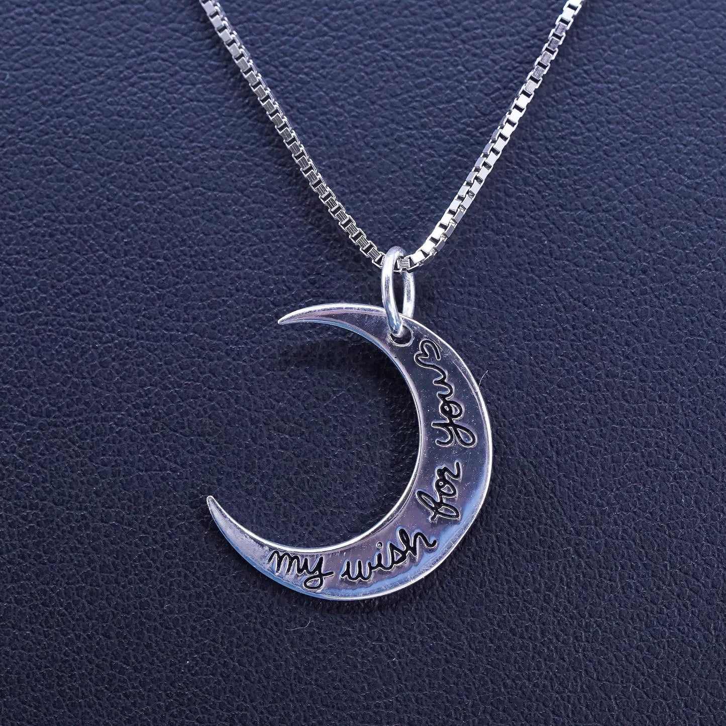 18" Sterling silver necklace, 925 box chain moon pendant “my wish for you”