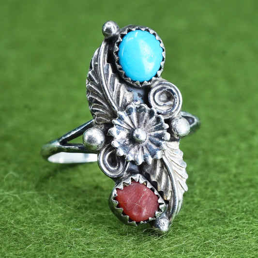 sz 7, John Delvin sterling silver ring Native American 925 ring turquoise coral