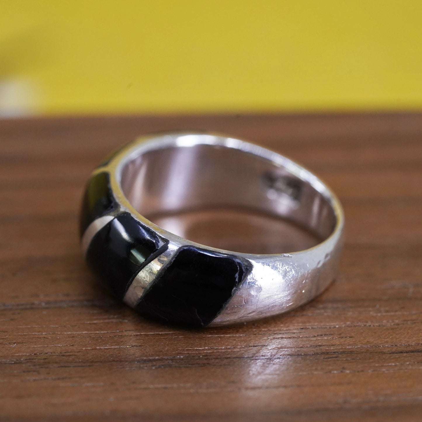 Size 5, vintage Sterling 926 silver handmade ring band with obsidian