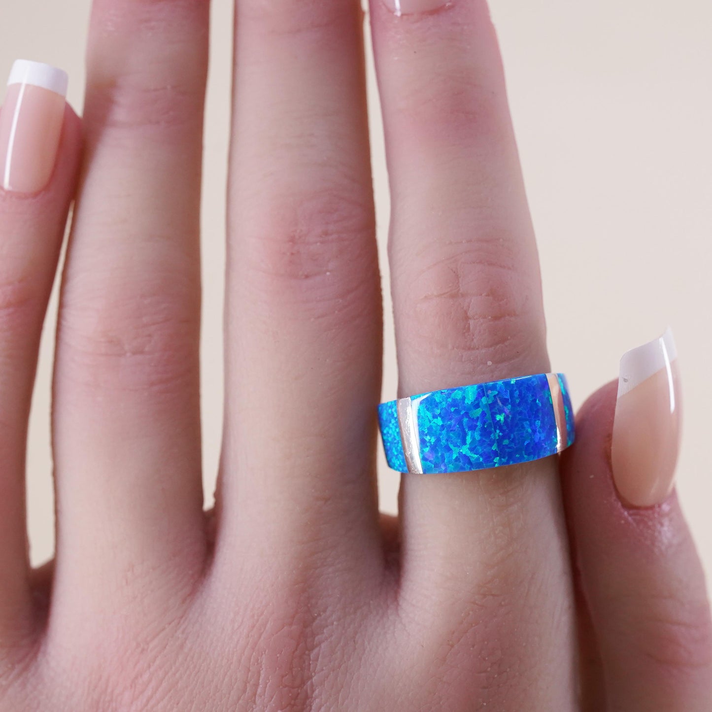 Size 7.5, vintage Sterling silver handmade ring, 925 band with opal inlay