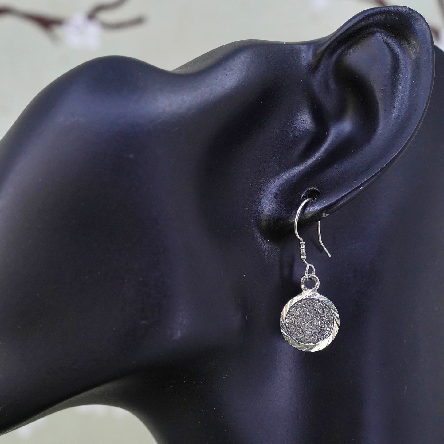 Vintage mexico sterling silver handmade earrings, 925 mayan calendar tag dangle