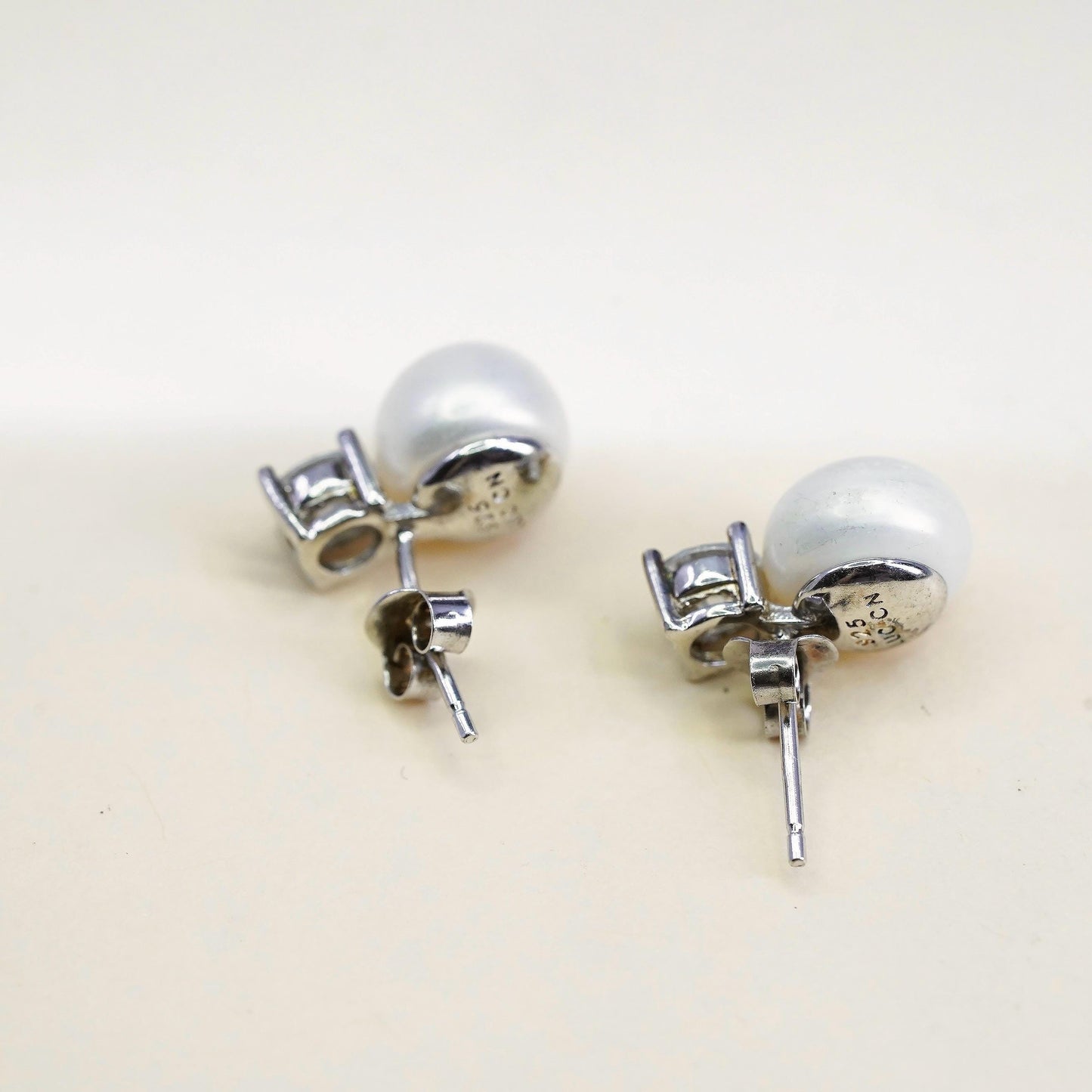 Vintage LUC sterling silver earrings, 925 studs with pearl and cz