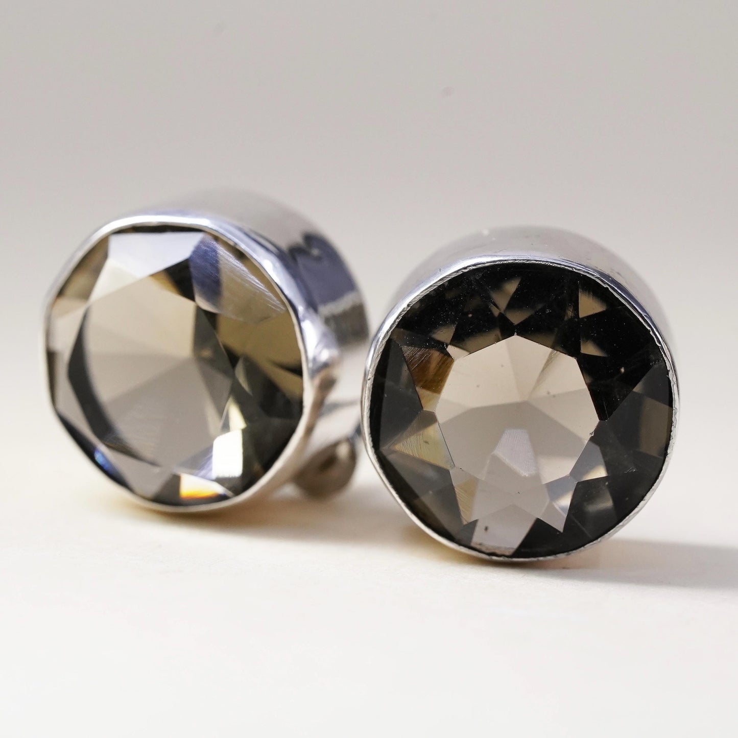 0.5”, Vintage sterling silver smoky quartz circle studs, fashion minimalist earrings