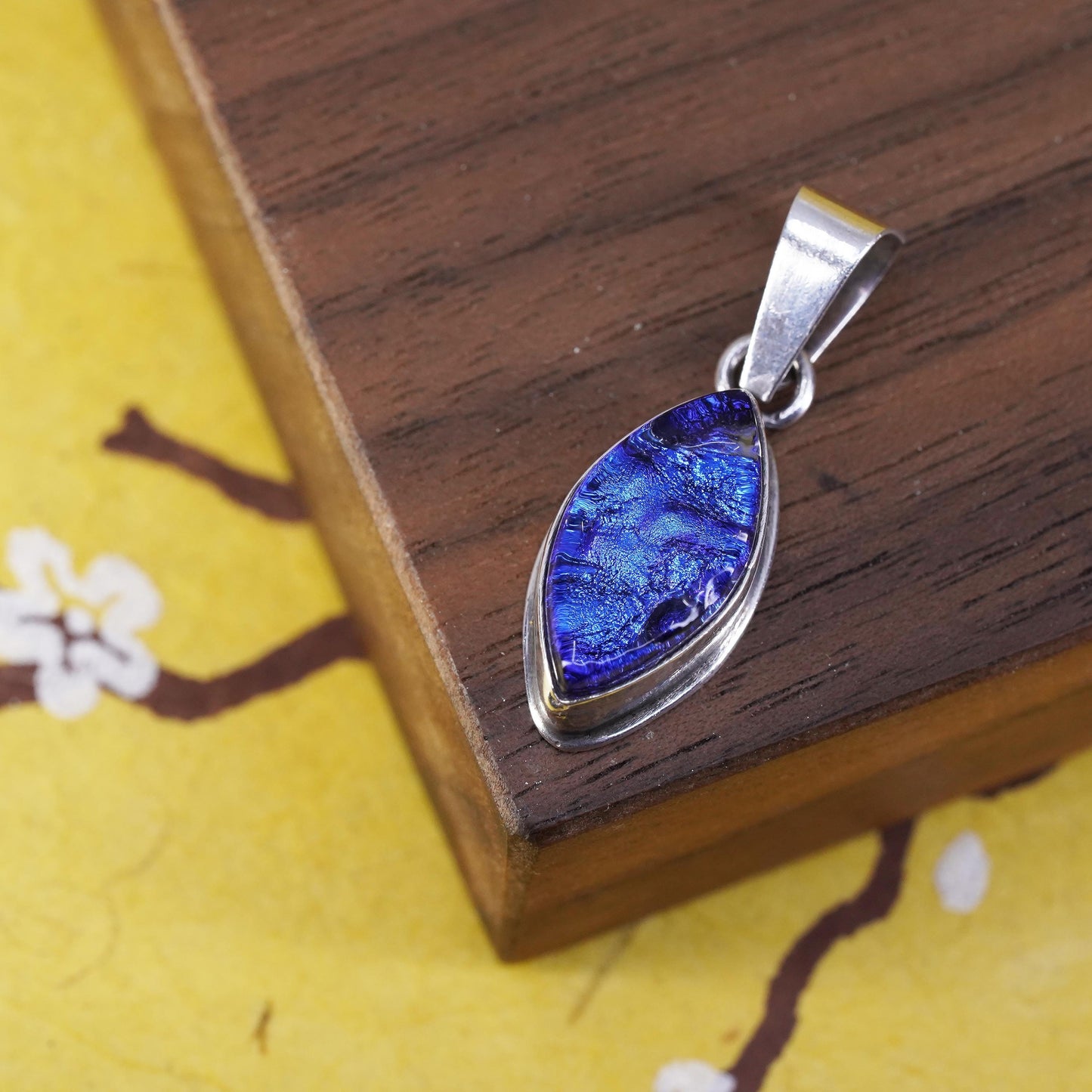 Vintage Sterling 925 silver handmade pendant with blue foil glass, unique