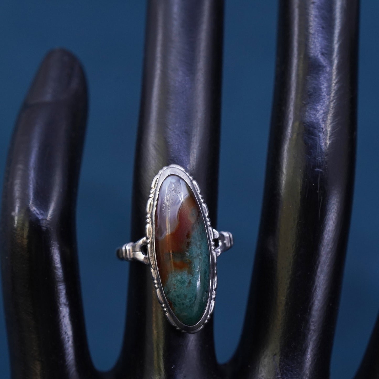 Size 5.5, vintage Uncas Sterling 925 silver handmade ring with lace agate stone
