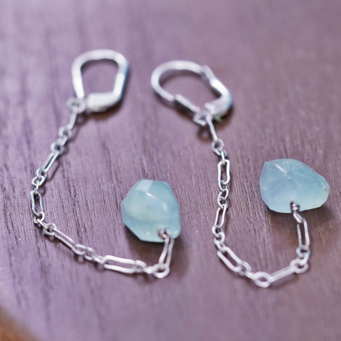 Vintage sterling silver handmade earrings, 925 chain drop with jadeite nugget