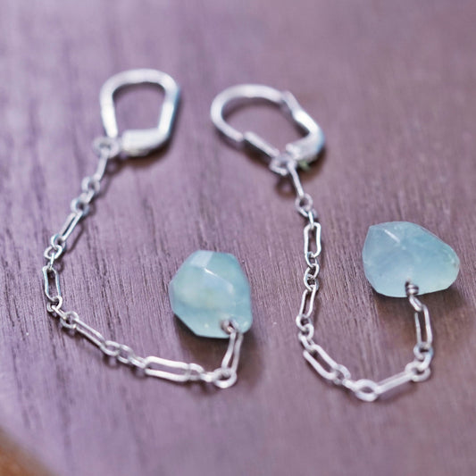 Vintage sterling silver handmade earrings, 925 chain drop with jadeite nugget