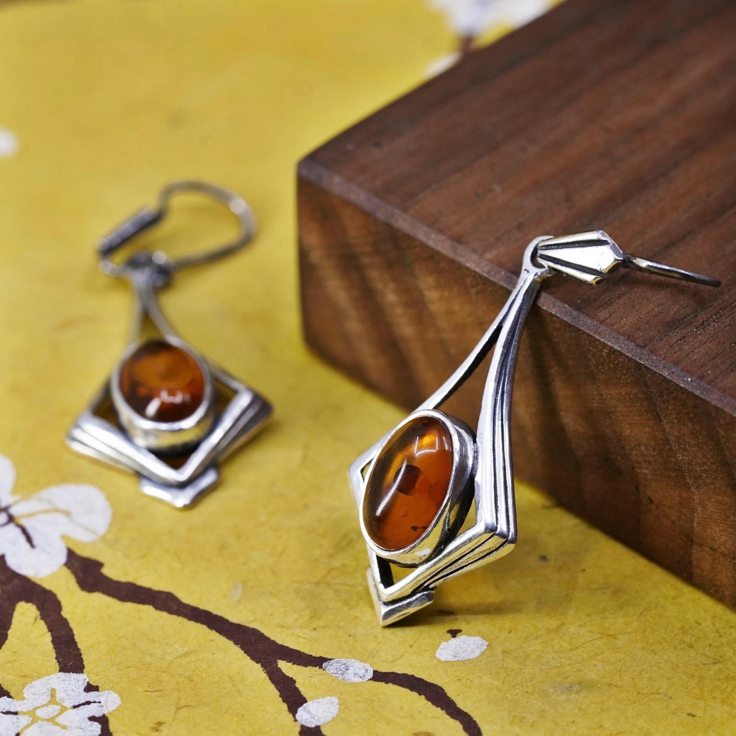 Vintage Sterling 925 silver handmade earrings with oval amber dangle