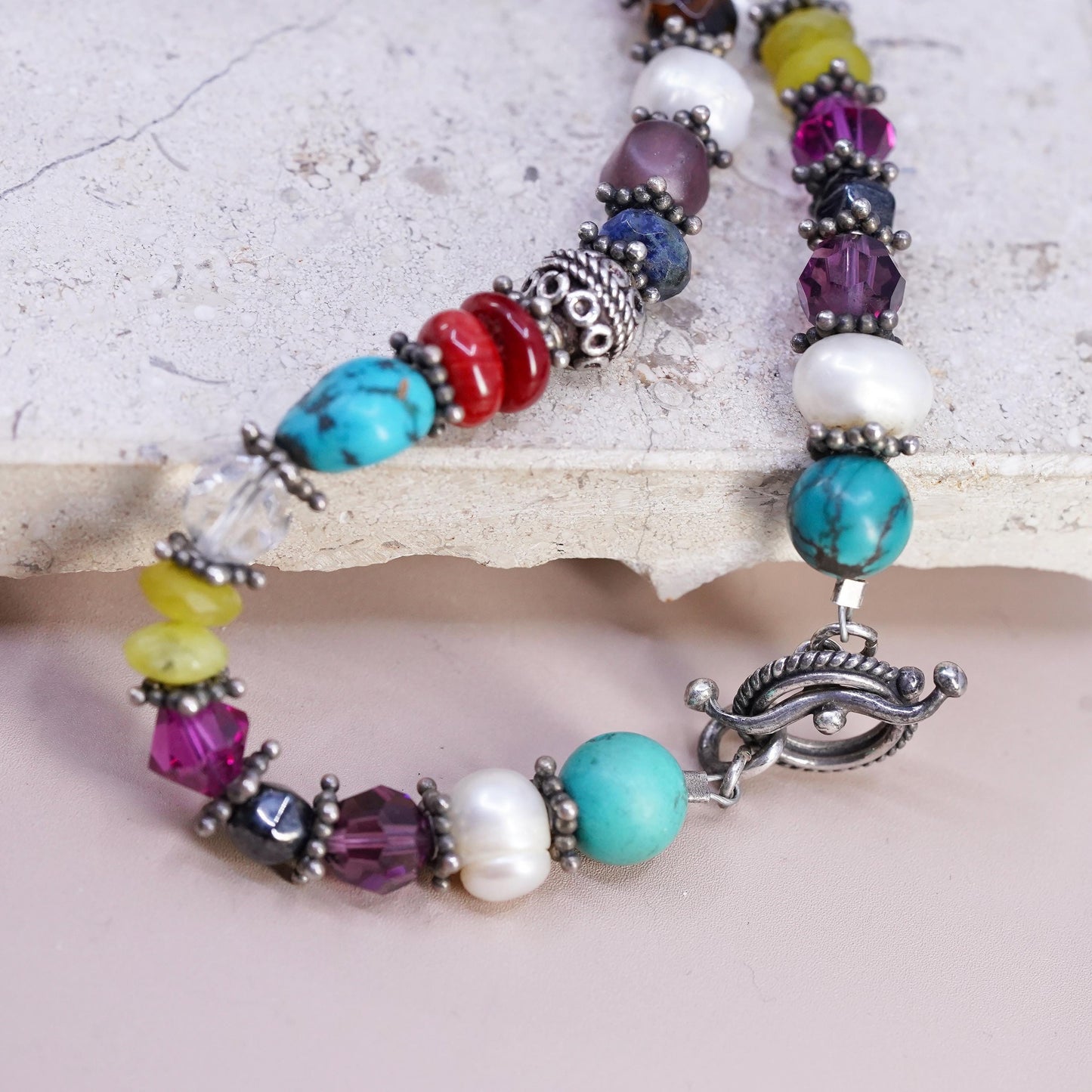 16", Sterling 925 silver Native American Navajo turquoise coral necklace cross
