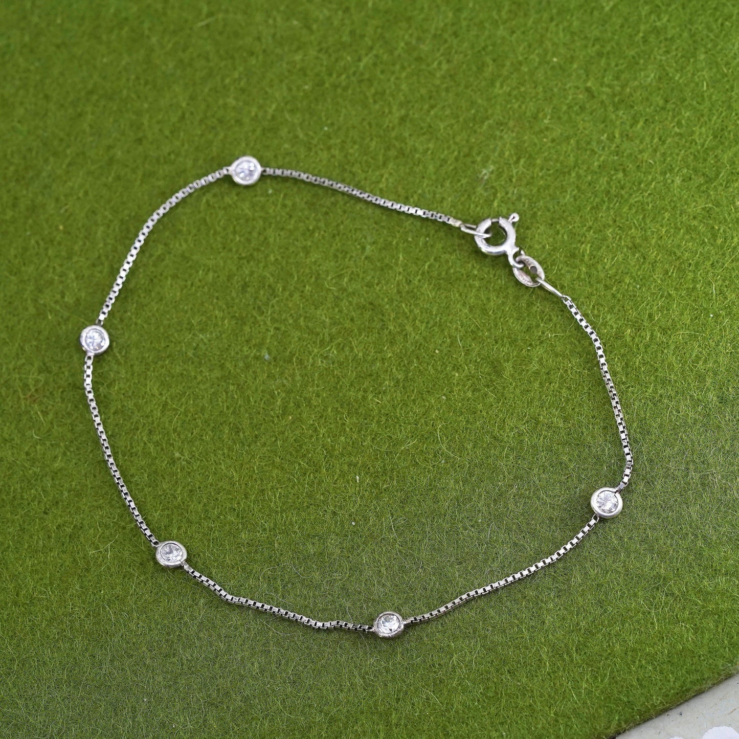 Vintage sterling silver bracelet, 925 box chain anklet with heart and cz