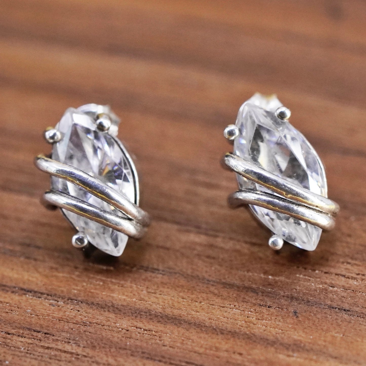 vintage Sterling silver 925 clear marquise shaped crystal studs, cz earrings
