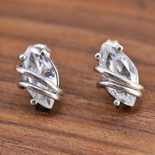 vintage Sterling silver 925 clear marquise shaped crystal studs, cz earrings