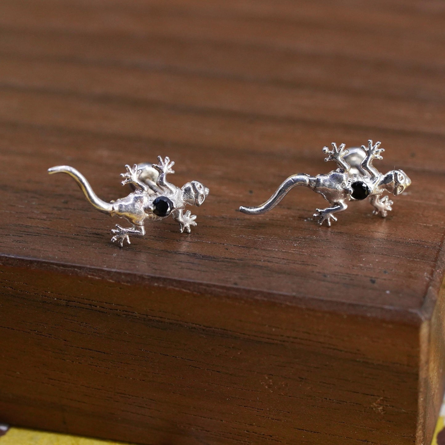 Vintage Sterling 925 silver lizard studs, earrings w/ black crystal screw back