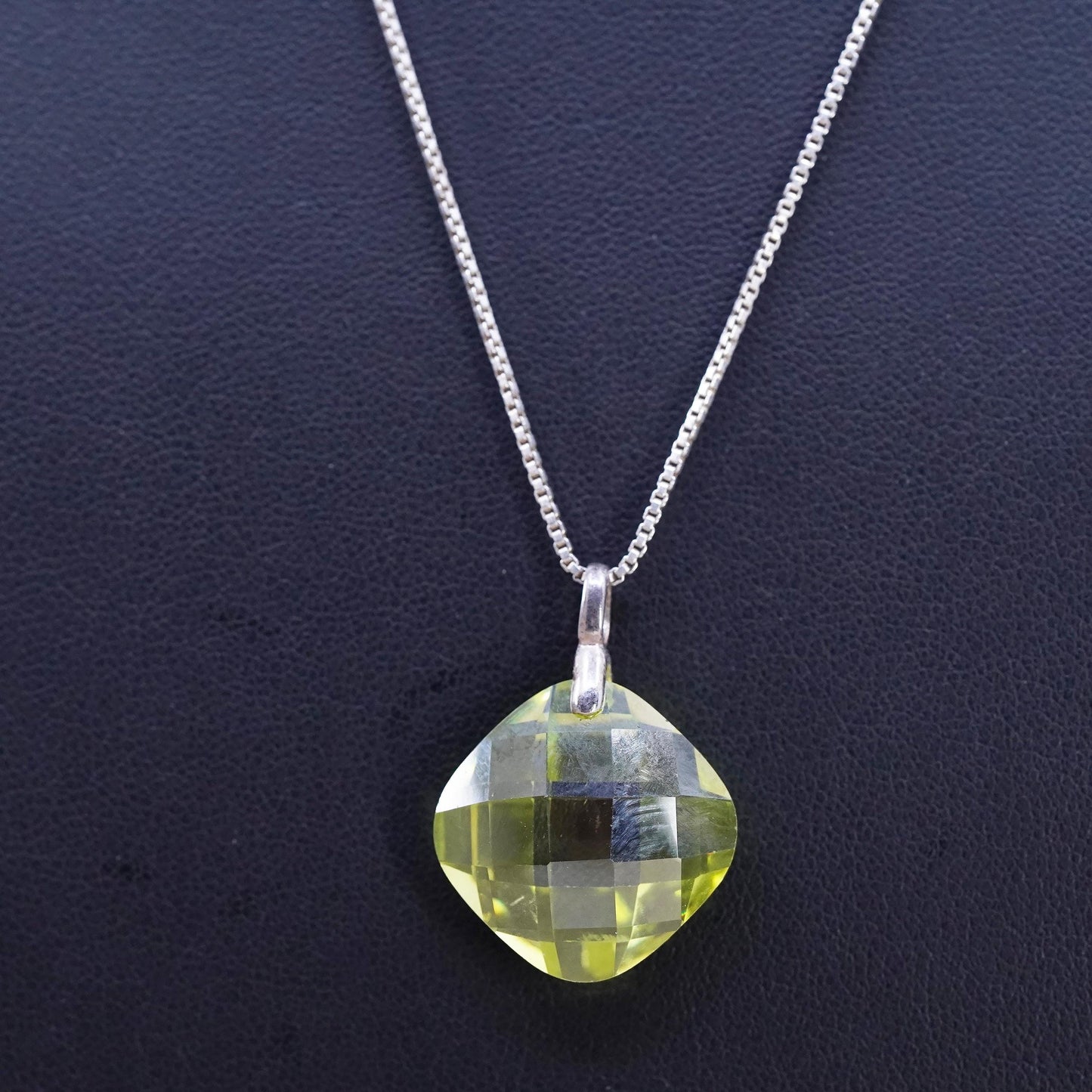 18", vintage Sterling silver necklace, 925 box chain lemon quartz pendant