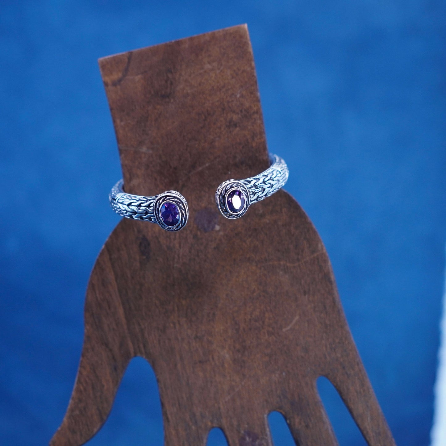 6.5”, sterling silver handmade bracelet, 925 cable cuff with amethyst ends