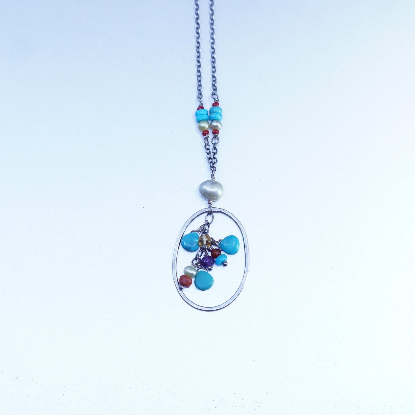 14+2”, Native American Sterling 925 circle silver necklace turquoise pendant