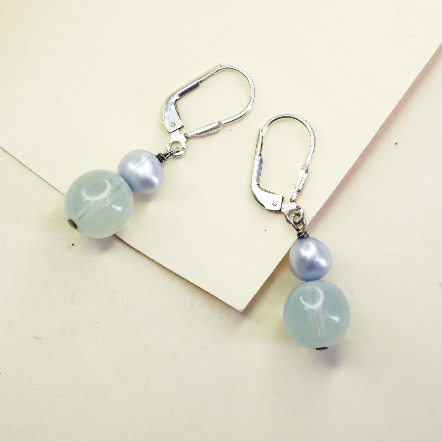 Vintage sterling silver handmade earrings, 925 hooks with jade pearl beads