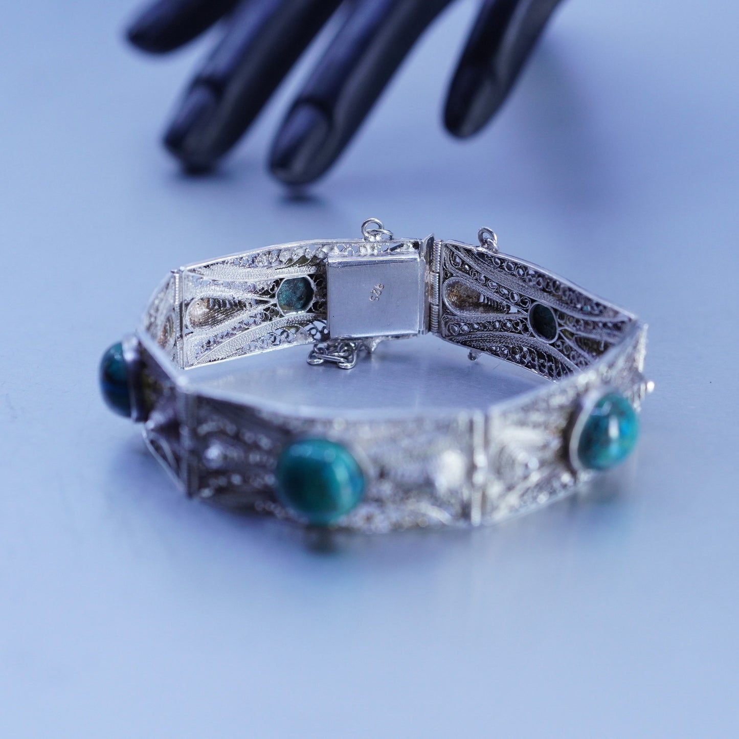 7”, Sterling 925 silver handmade bracelet, filigree rectangular link turquoise