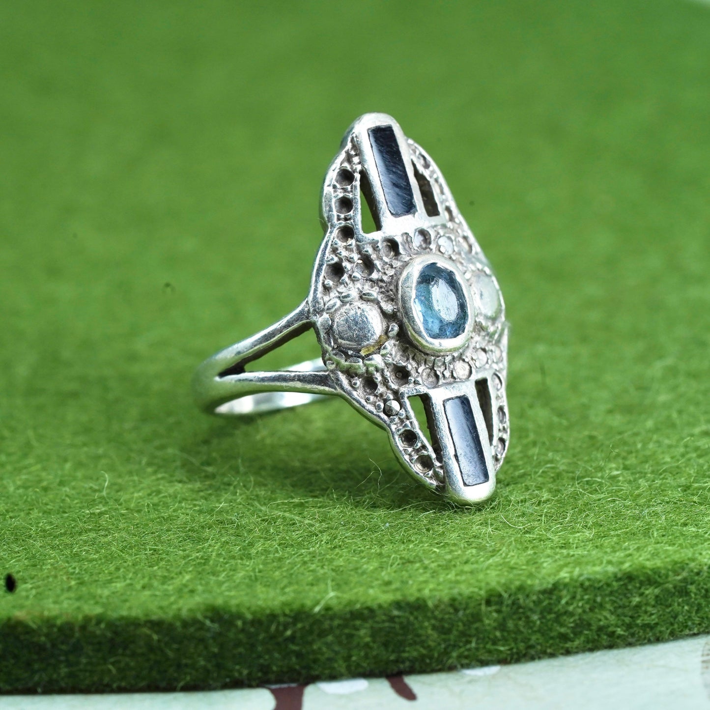Size 8.25, vintage Sterling silver statement engagement ring with blue topaz
