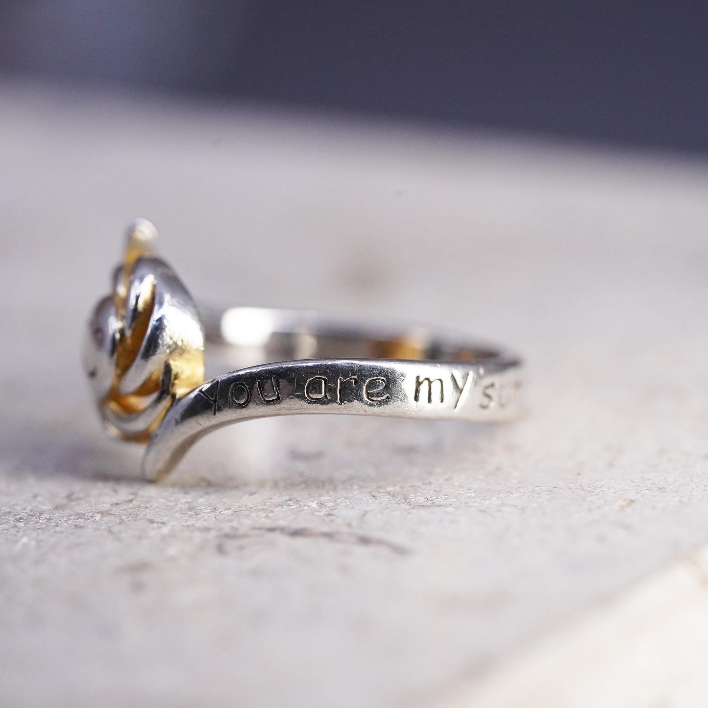 Size 4, vintage Sterling silver ring, 925 sun band “you are mine sunshine only