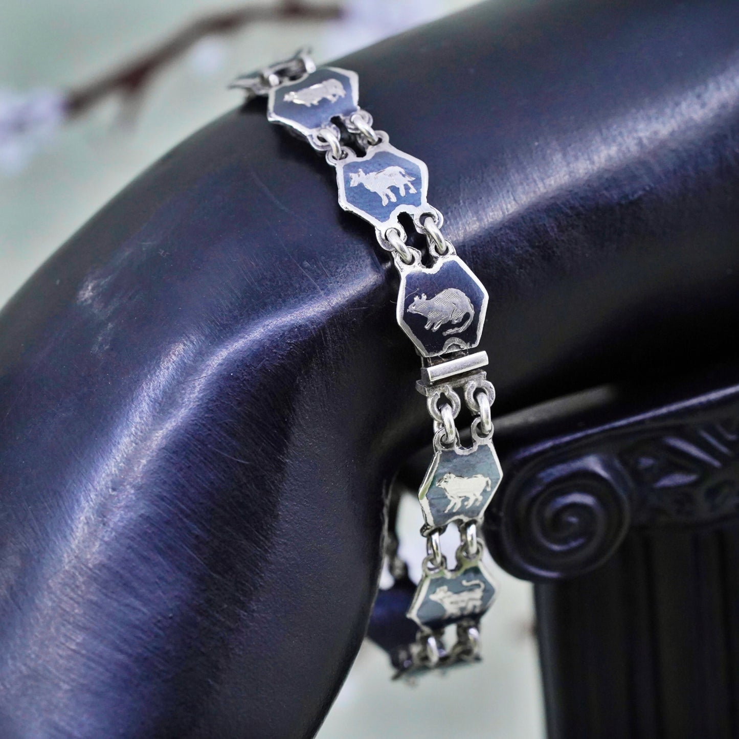 6.25”, Indian Siam sterling silver bracelet, 925 disc engraved 12 animal zodiac