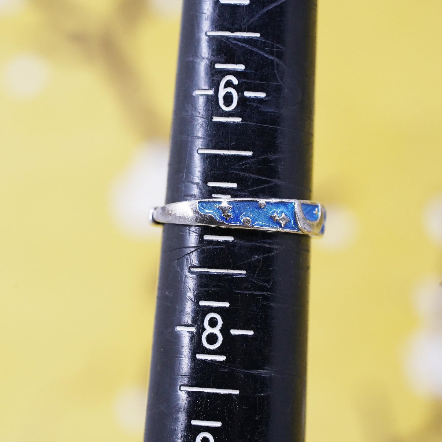 Size adjustable, vintage Sterling silver 925 ring with blue enamel moon star