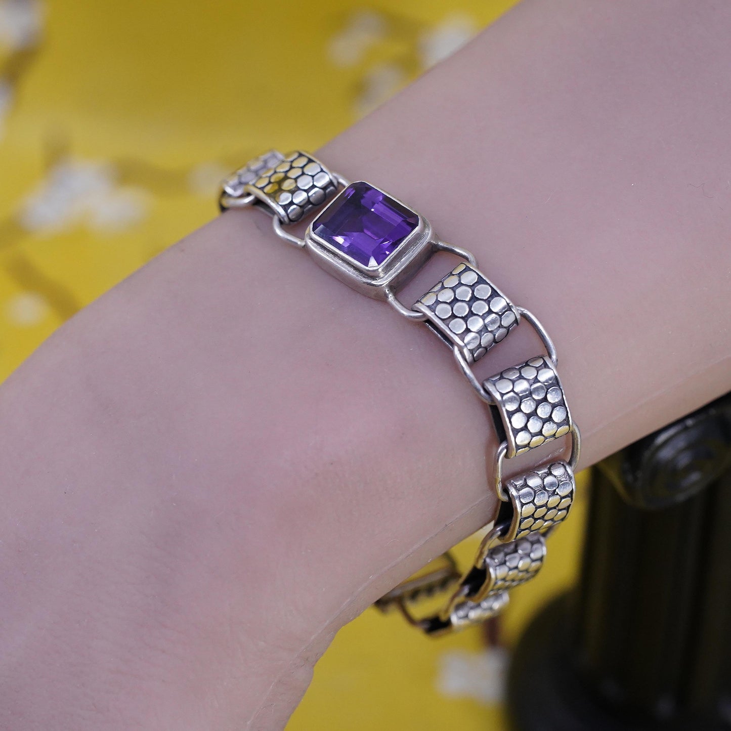 6.75", Vintage Sterling Silver Amethyst Link Bracelet, Beaded Textured chain