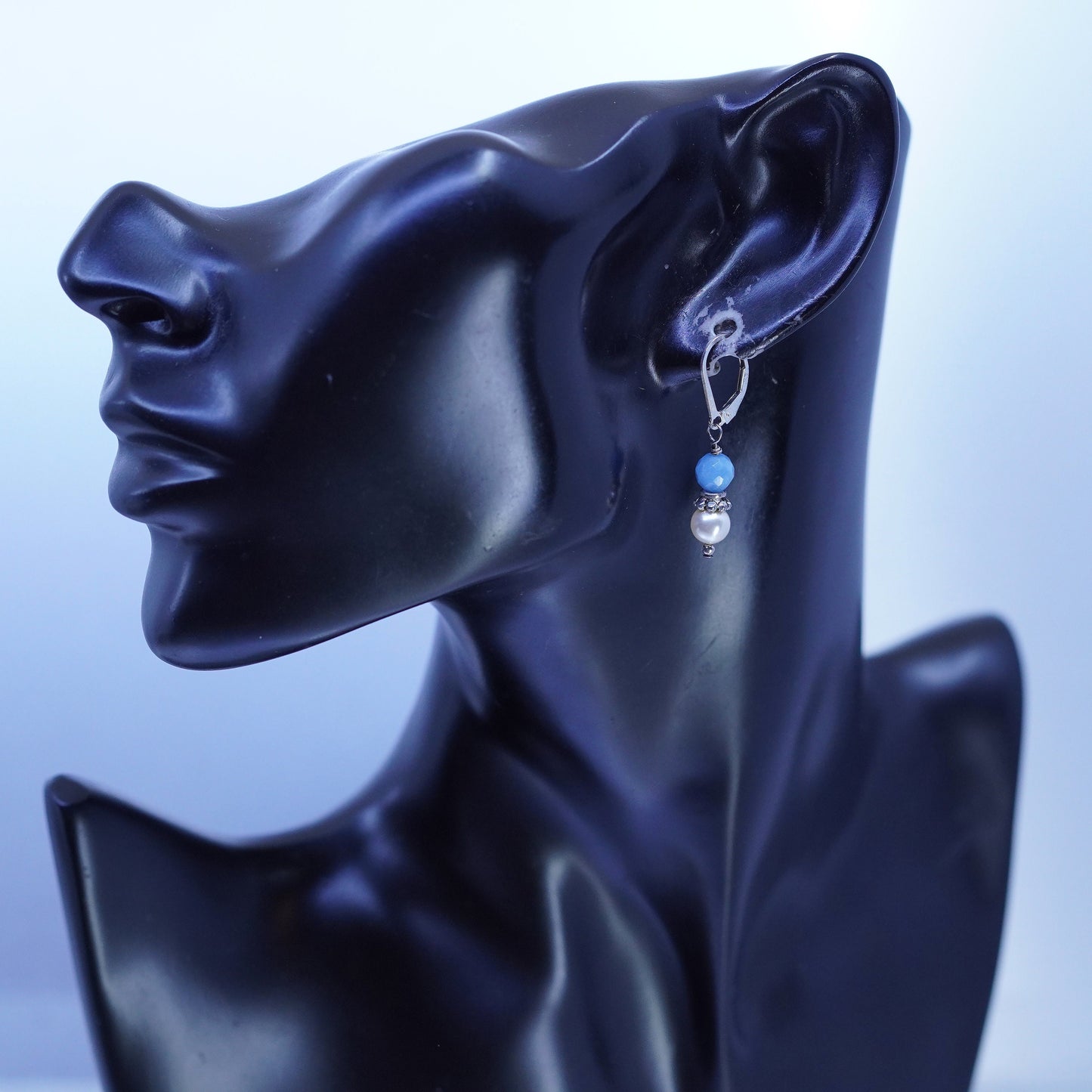 Vintage sterling silver 925 earrings with pearl and blue crystal
