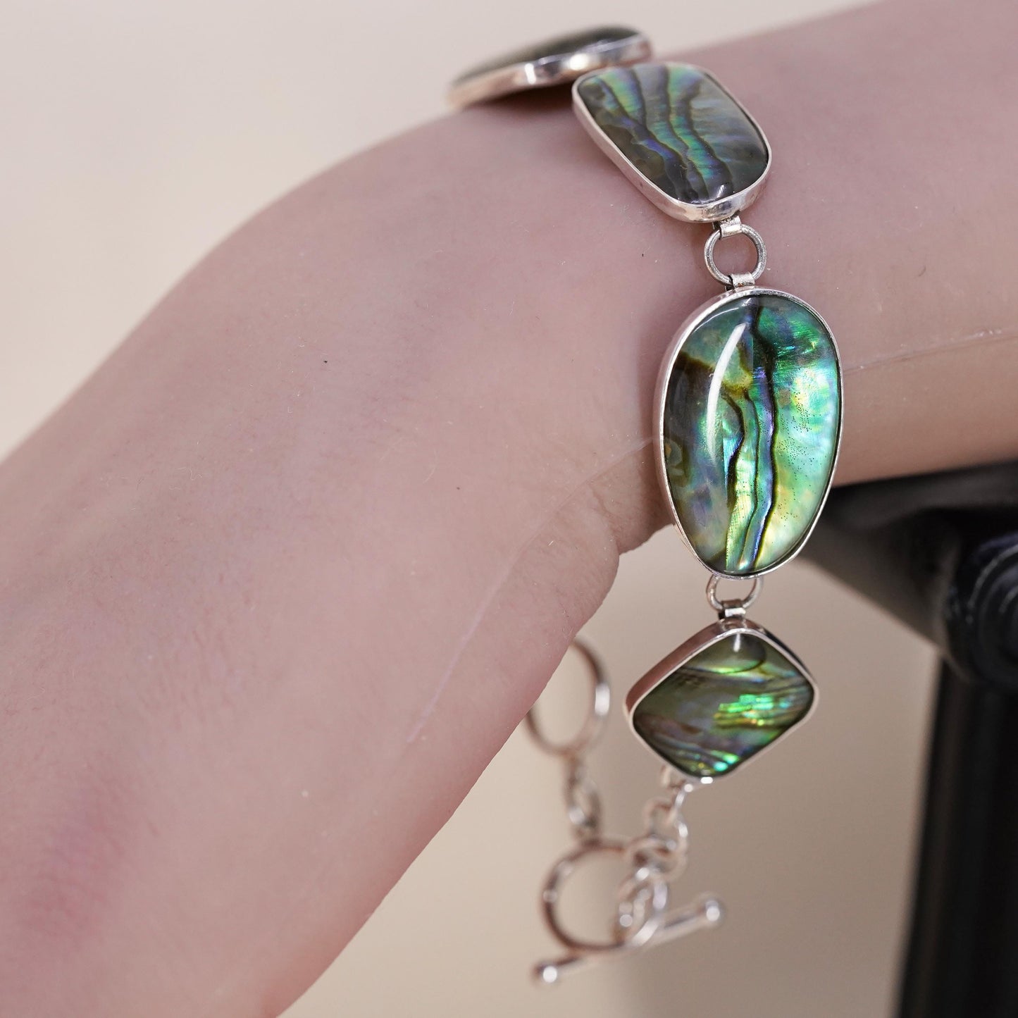 7.25+0.5”, VTG LUC sterling silver 925 handmade bracelet abalone toggle closure