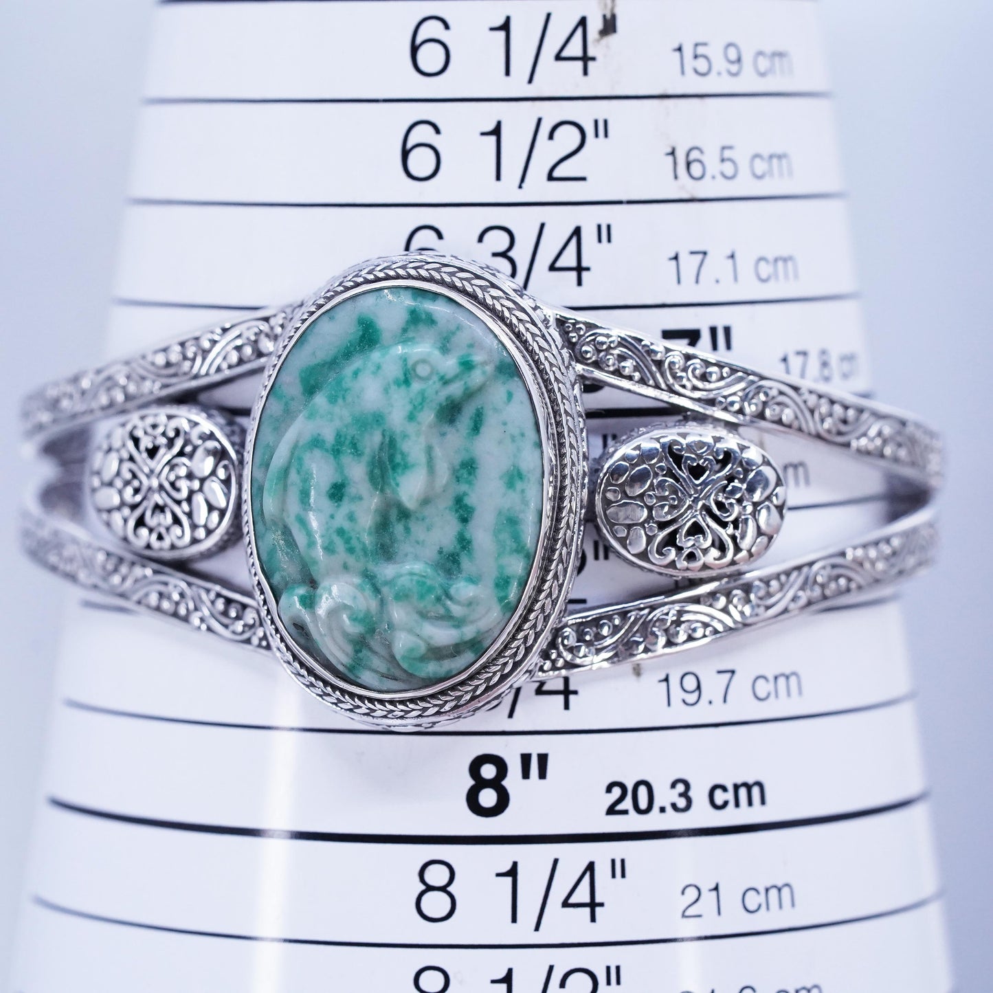 7.5”, Navajo Sandra Sterling 925 silver bracelet, cuff carved dolphin jade