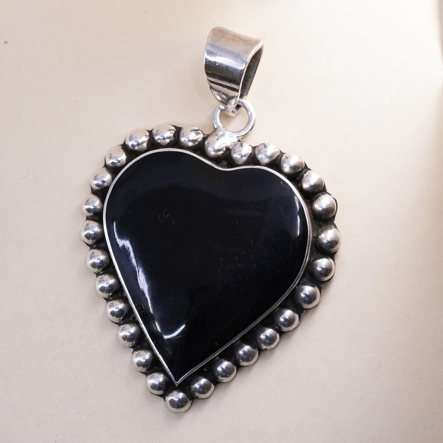 Vintage Mexico Sterling 925 silver handmade huge pendant with heart onyx beads