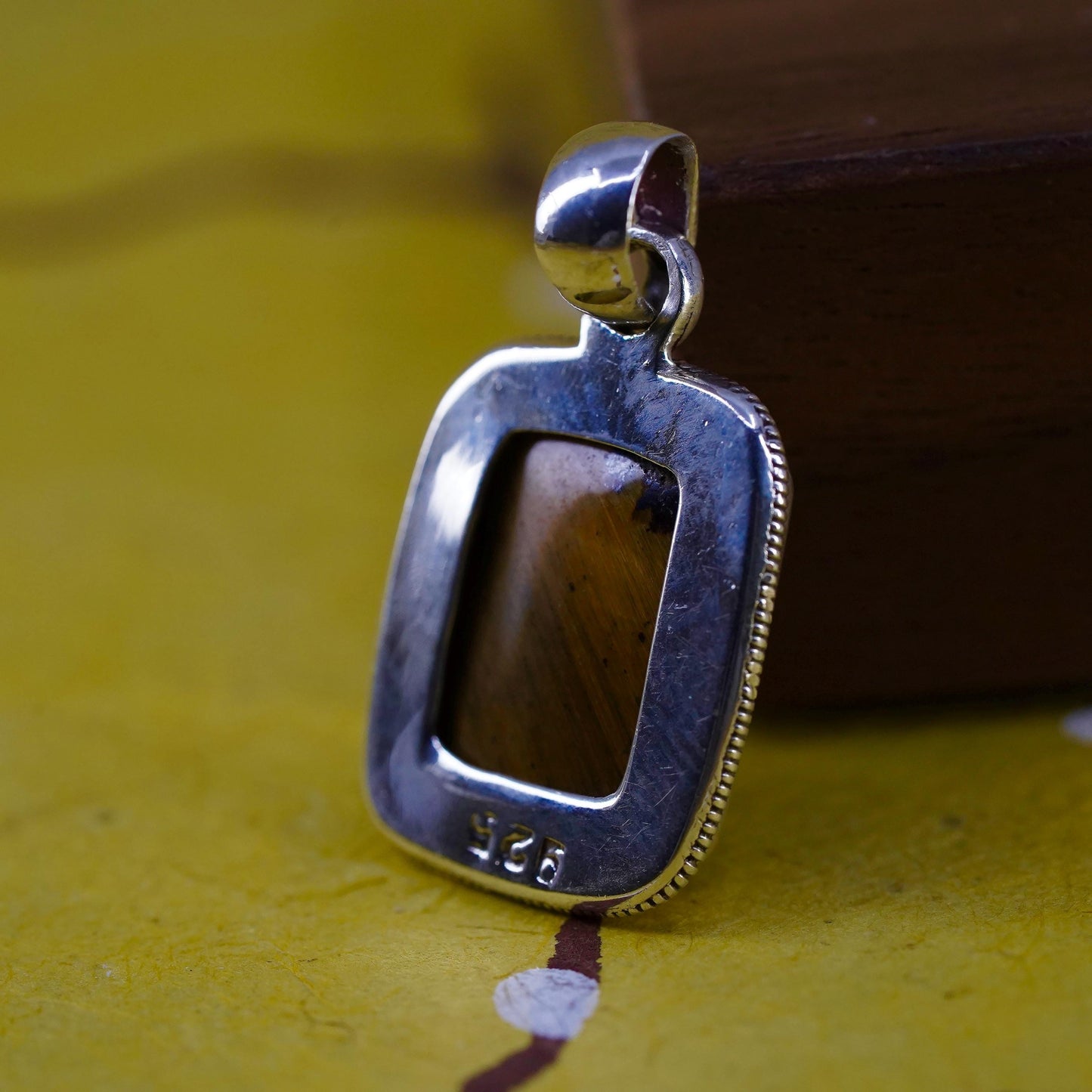 Vintage Sterling silver handmade pendant, Mexico 925 rectangle golden tiger eye