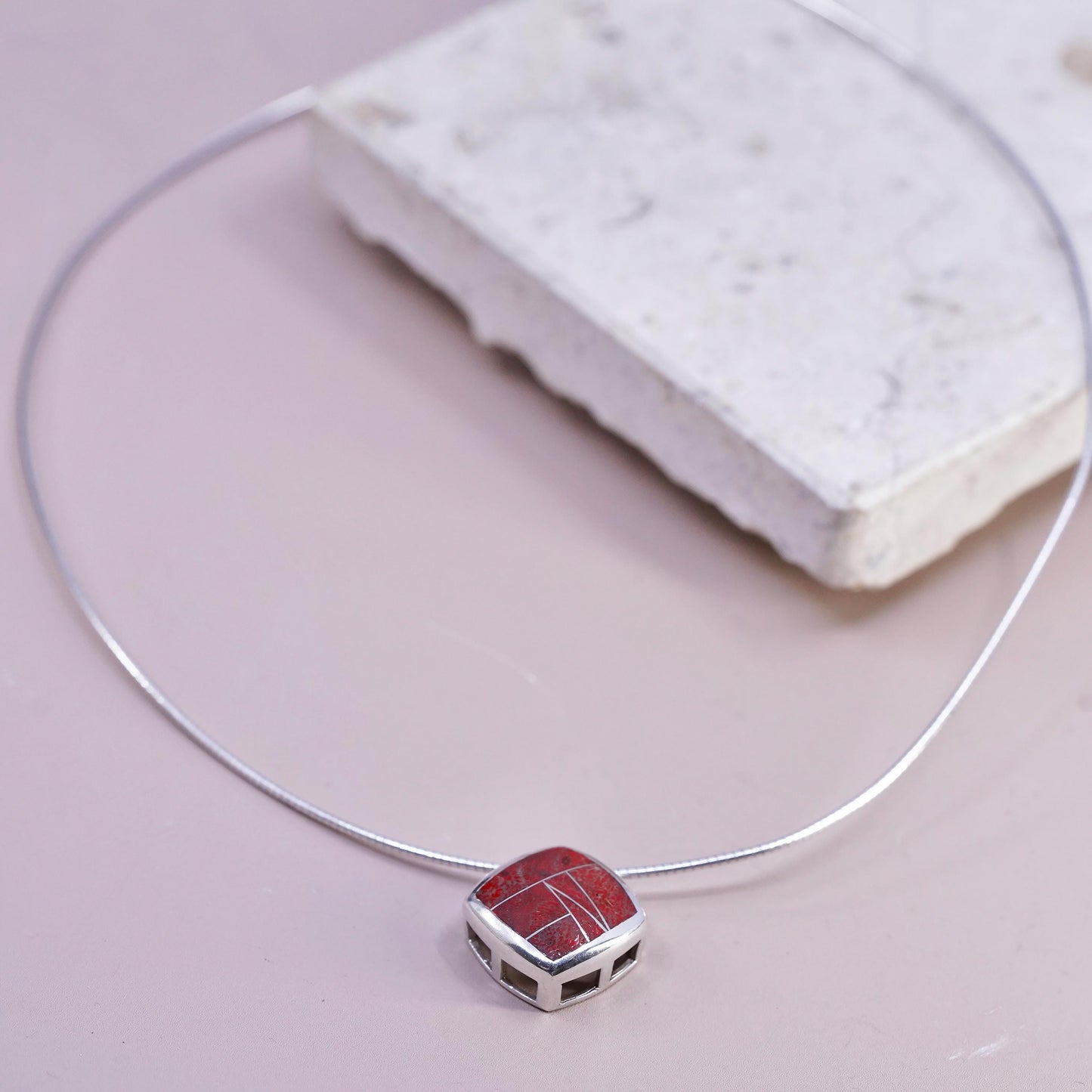 18”, Native American Sterling 925 silver snake necklace square pendant coral