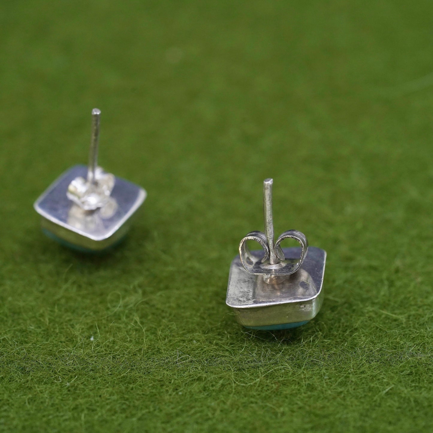 Vintage sterling silver handmade earrings, 925 square studs with Larimar