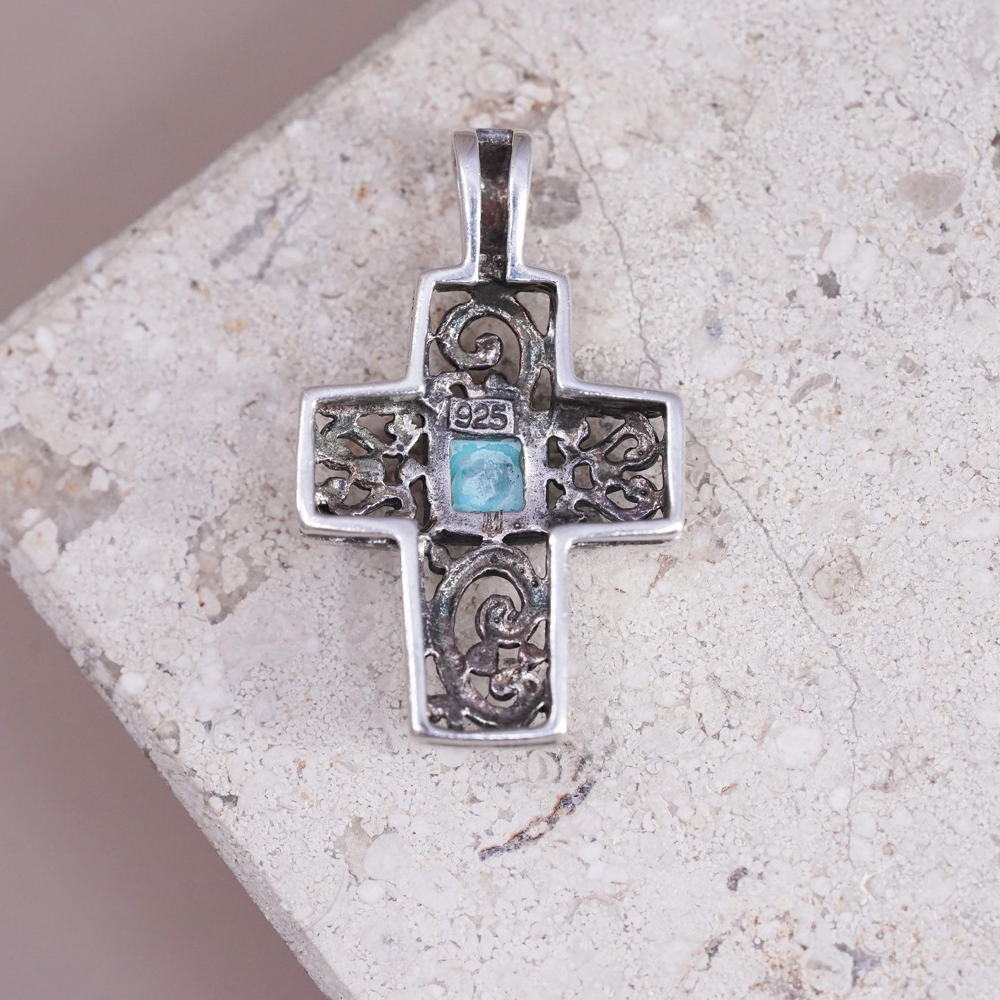 Vintage Sterling silver handmade pendant, 925 filigree cross with turquoise