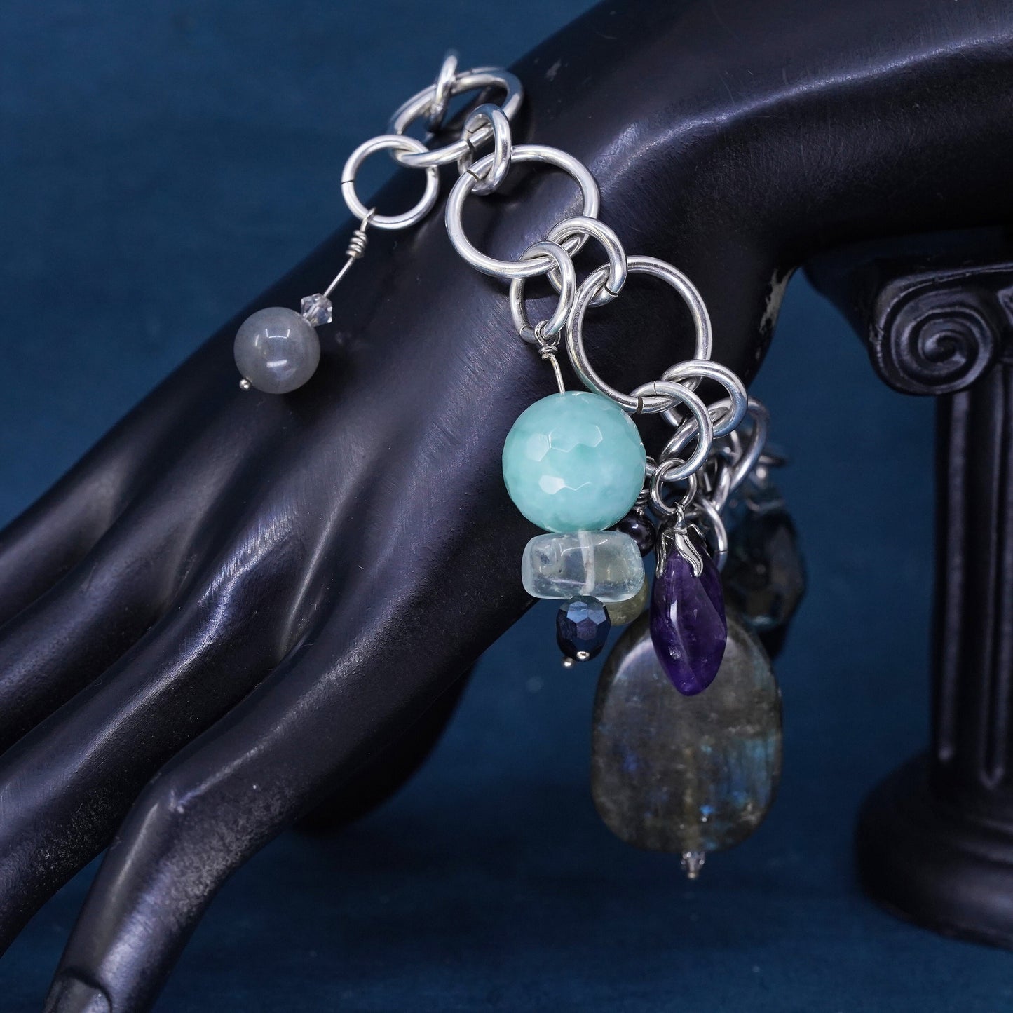 6.5", Sterling silver bracelet, 925 huge circle turquoise labradorite amethyst