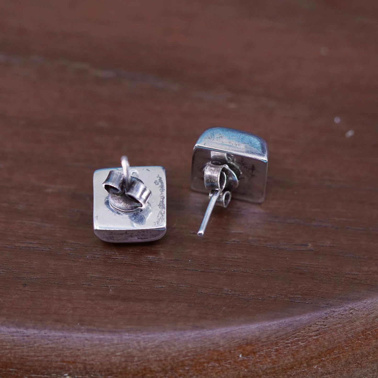 Mexico Sterling silver handmade earrings, square studs with red jasper inlay