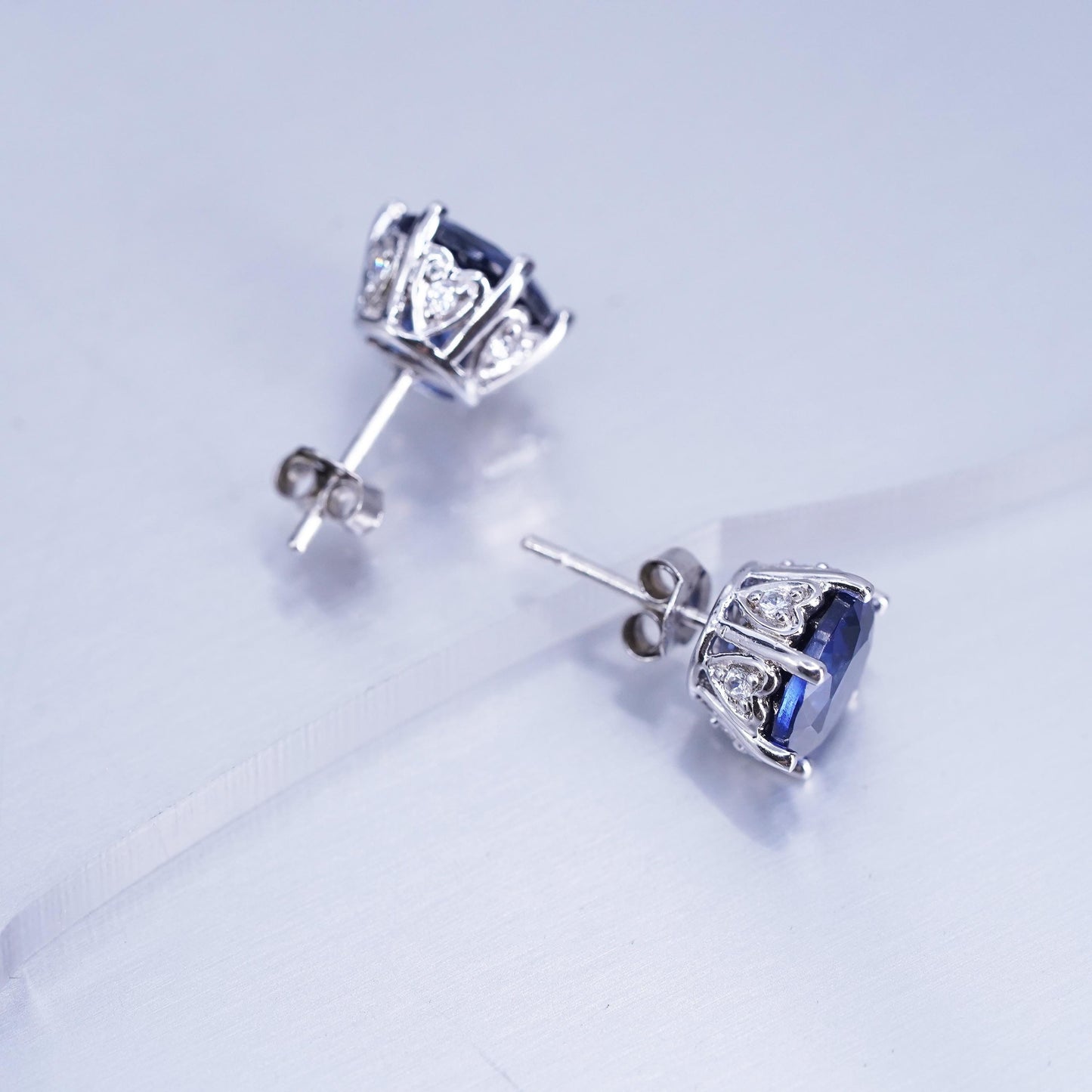 Vintage Sterling 925 silver handmade earrings, studs with sapphire cz