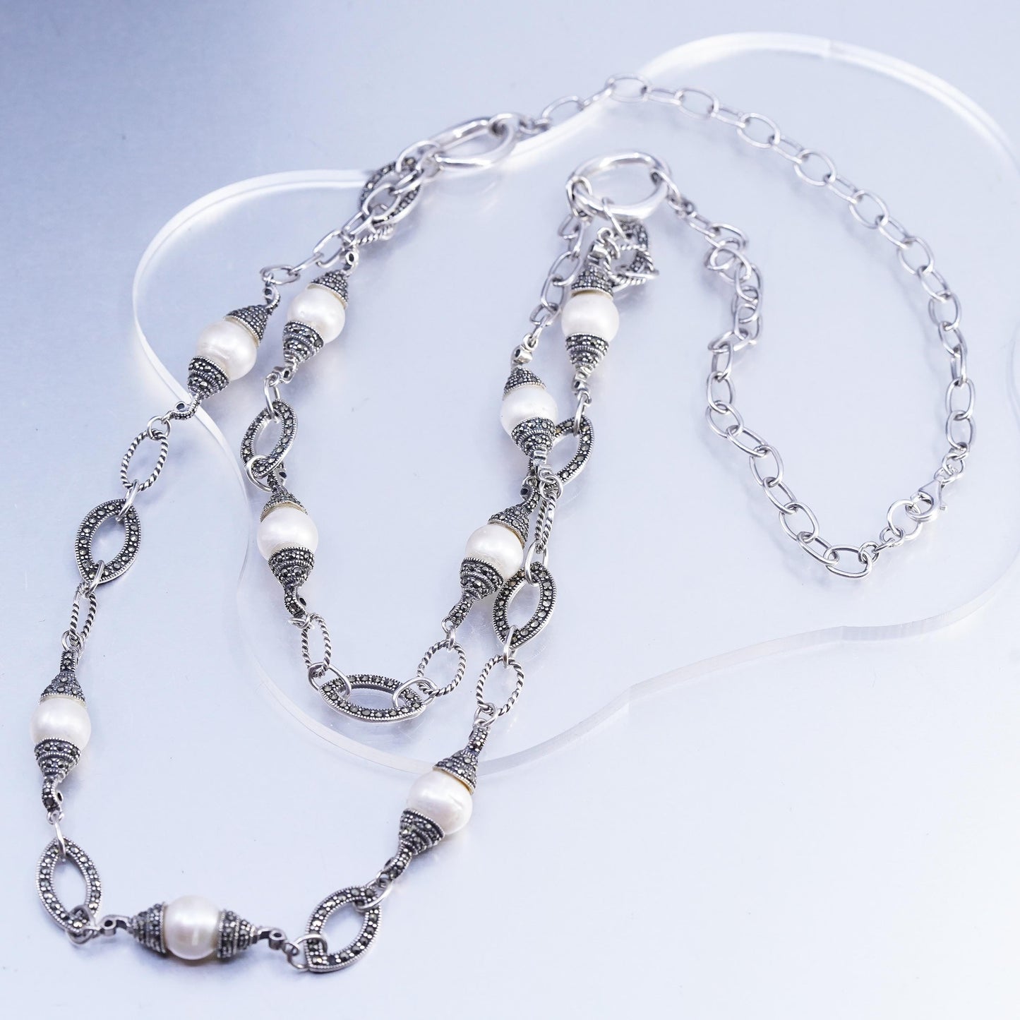 24", Sterling 925 silver double strands necklace double sided marcasite pearl