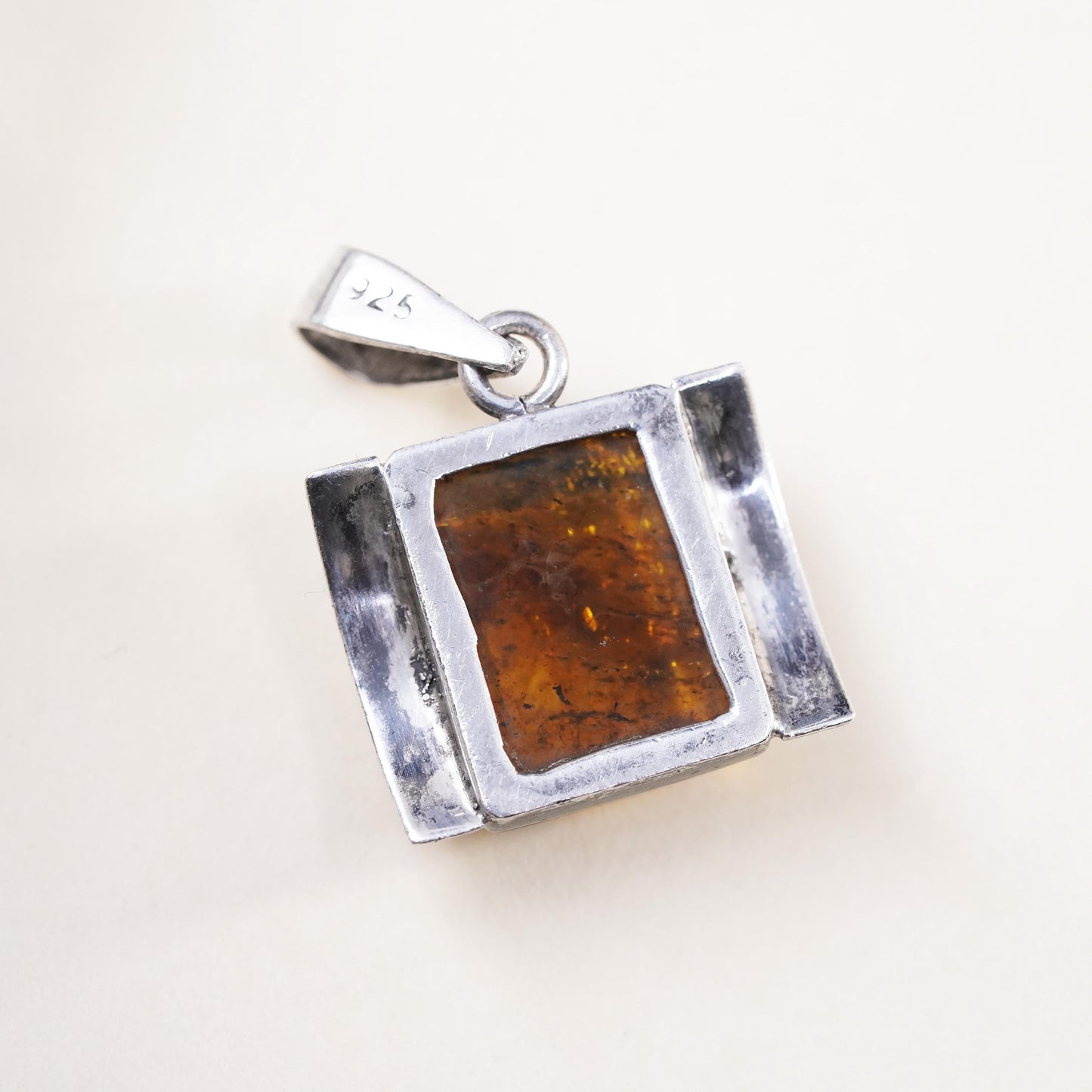 Vintage sterling 925 silver handmade square pendant with amber