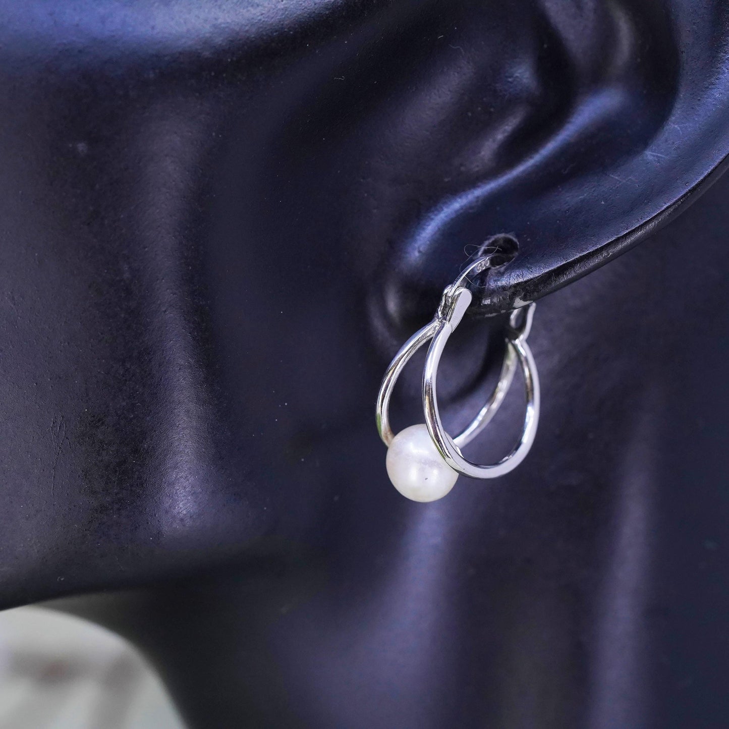 0.75", Vintage sterling silver loop earrings, fashion primitive hoops w/ pearl