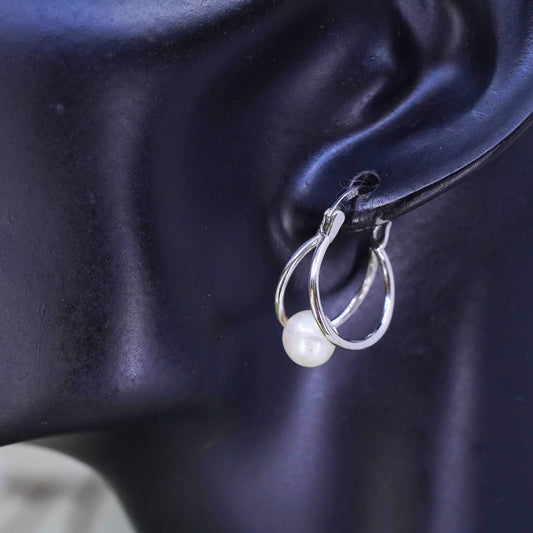 0.75", Vintage sterling silver loop earrings, fashion primitive hoops w/ pearl