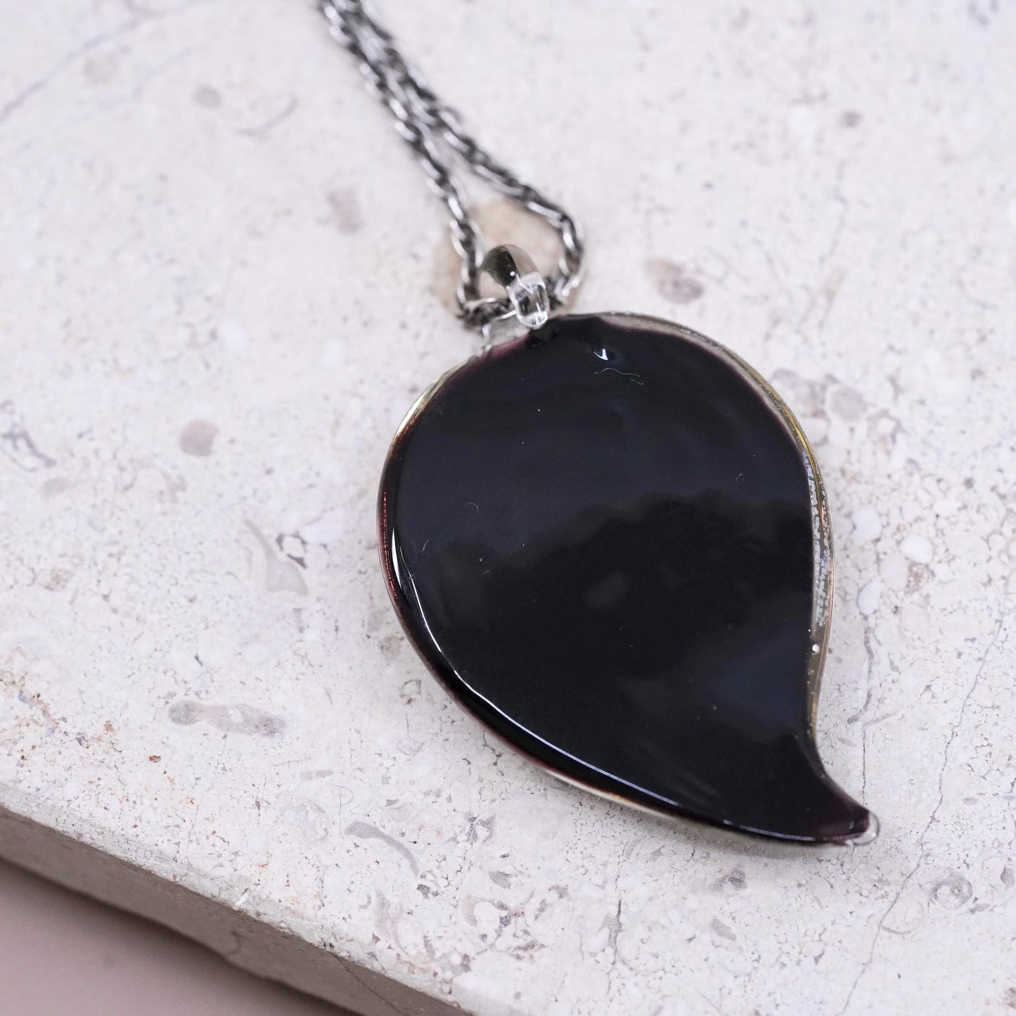 26”, Sterling silver necklace, 925 rope chain foiled glass leaf pendant